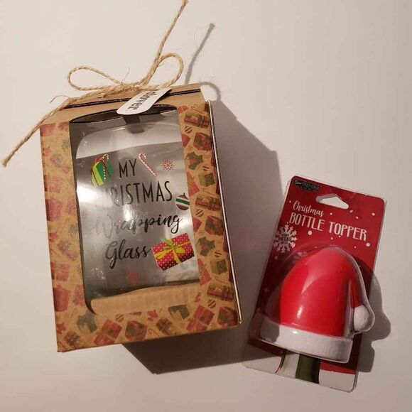 Christmas Gift Set of Stemless Wine Glass and Santa Hat Bottle Topper - Picture 1 of 7